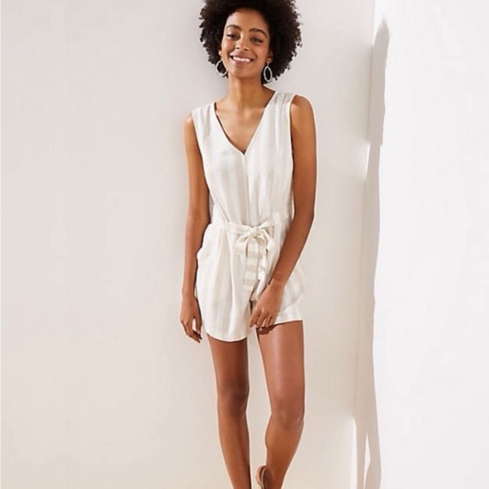 LOFT Cream Striped V-Neck Sleeveless Romper with Tie